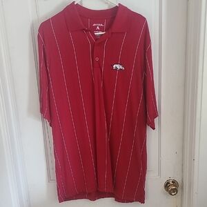 Antigua Red Polo Shirt with Vertical Pinstripes and Soft Knit Fabric